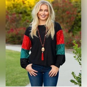 Shimmer Red & Green Christmas Sequin Sleeves Top